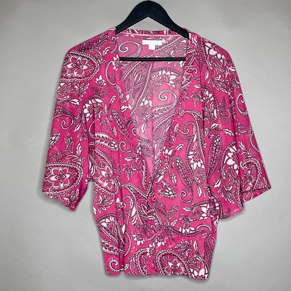 New York & Co‎ Plunging V-Neck Blouse Three Button Closure Sheer Red Size Large - Picture 2 of 10